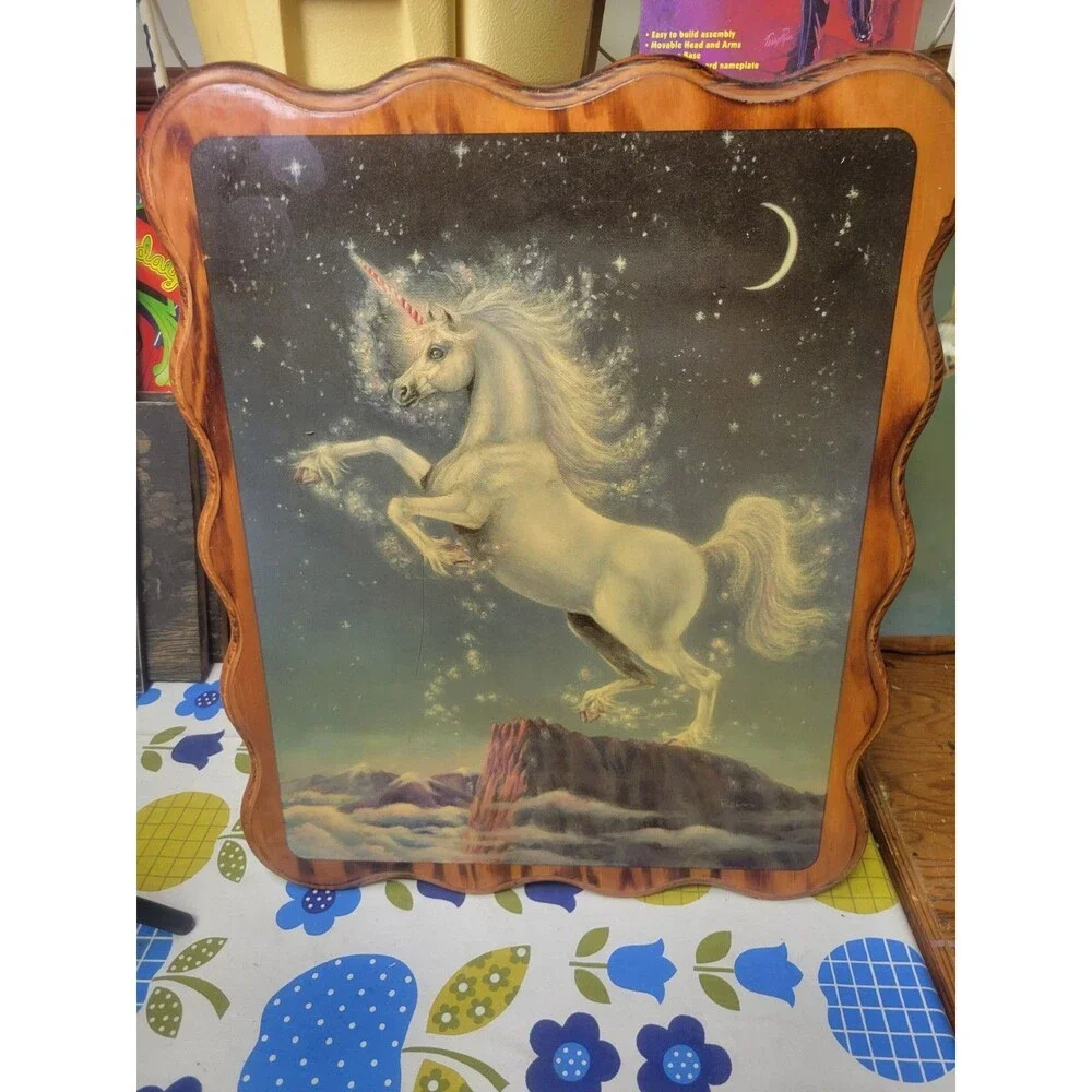 Vintage 1980s Unicorn Wall  Art Wooden Shellac Print Signed Rein 23x19
